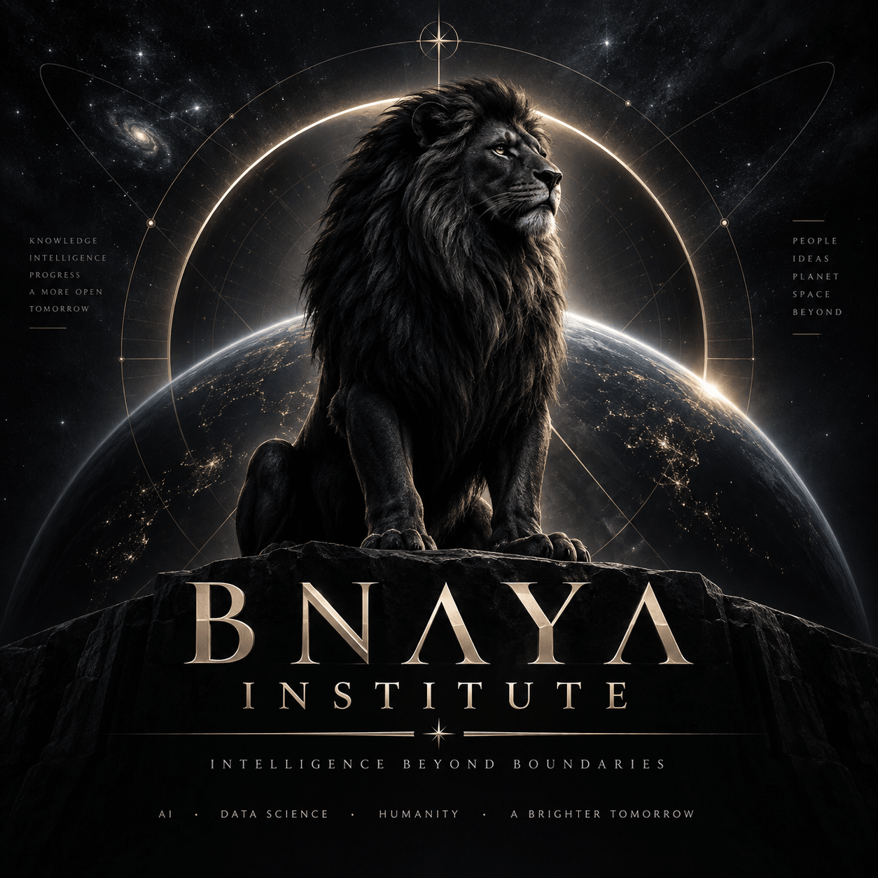 Bnaya Institute emblem: a black lion seated on a rock before the Earth and a field of stars, above the wordmark Bnaya Institute and the line Intelligence Beyond Boundaries.